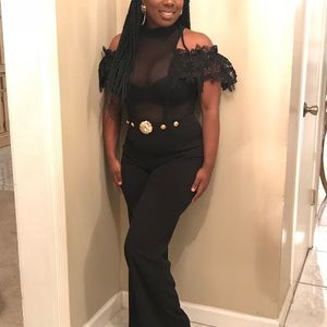 Black net front jumpsuit with lace sleeves